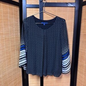 Apt. 9 Black & White Polka Dot Blouse with Striped Bell Sleeves - Large